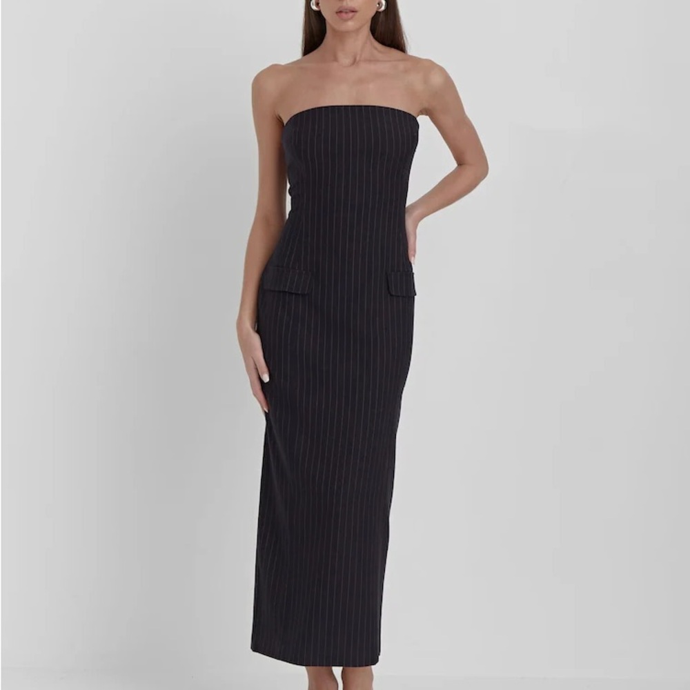 4th & Reckless tailored bandeau maxi dress in navy pinstripe